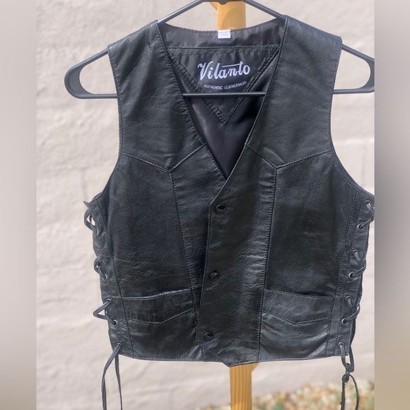 Vintage 90s grunge punk biker black leather side lace up leather vest - Picture 10 of 11